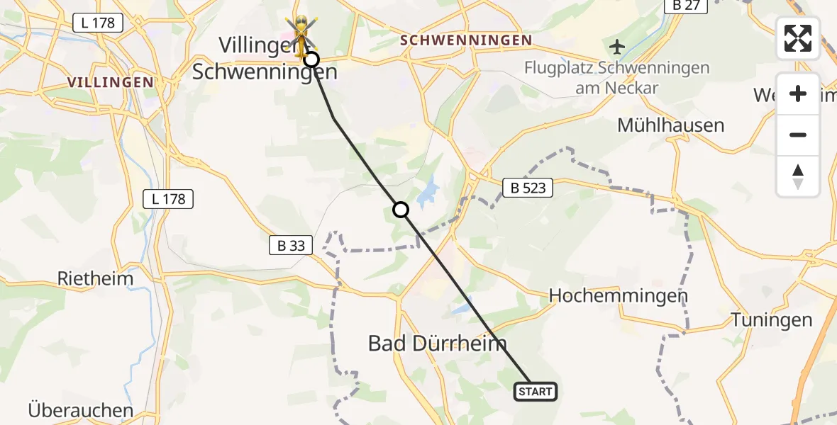Flugroute Ambulanzhubschrauber Bad Dürrheim - DRF Air Rescue Station Villingen-Schwenningen Hubschrauberlandeplatz (Christoph 11), 21 Juli 2026, 15:38