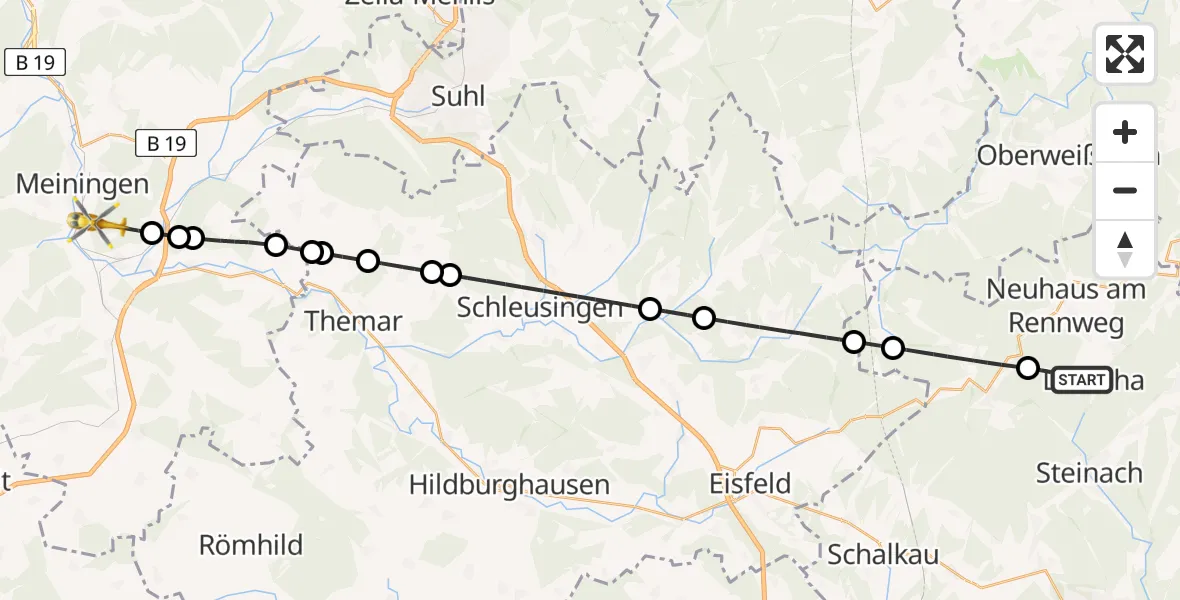 Flugroute Rettungshubschrauber Lauscha - Meiningen, 21 Juli 2026, 15:39