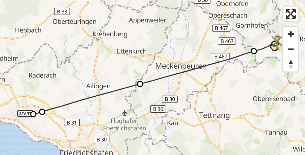 Flugroute Rettungshubschrauber Friedrichshafen Hospital - Ravensburg, 21 Juli 2026, 15:46