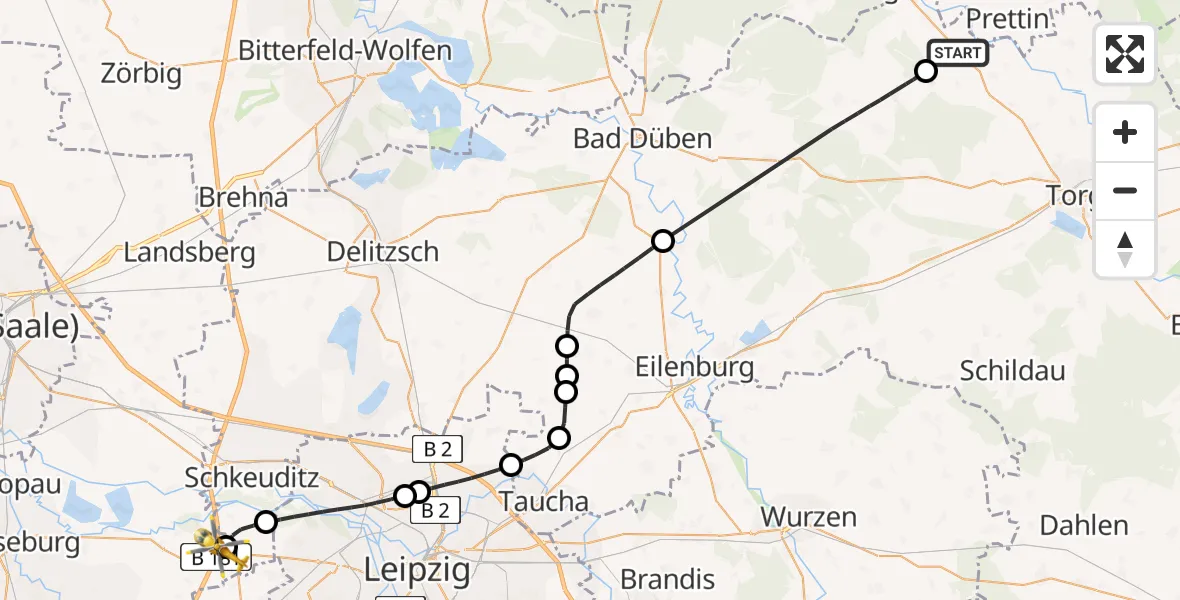 Flugroute Rettungshubschrauber Dommitzsch - ADAC Air Rescue Station Leipzig/Schkeuditz-Dölzig Hubschrauberlandeplatz (Christoph 61), 21 Juli 2026, 15:54