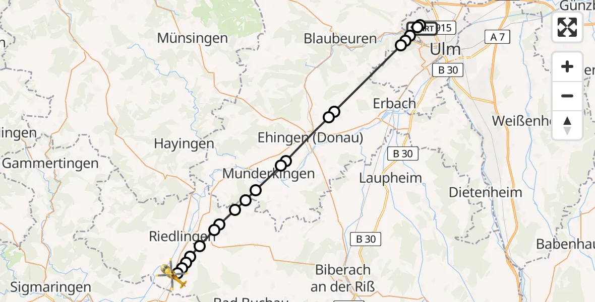 Flugroute Rettungshubschrauber Ulm Military Hospital Emergency - Ertingen, 21 Juli 2026, 15:55