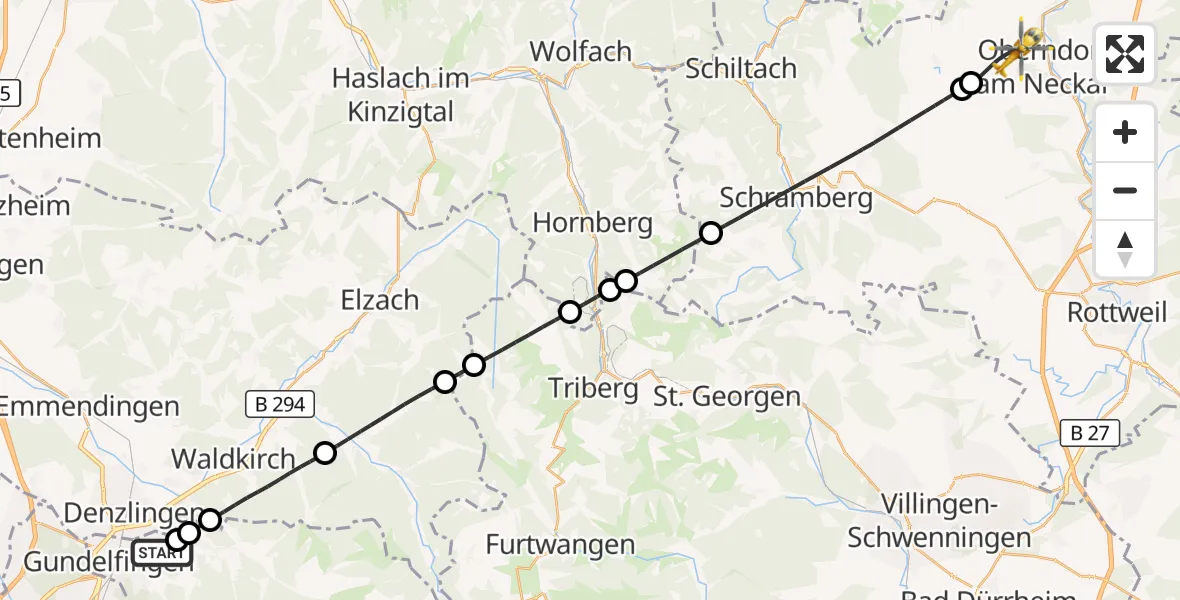 Flugroute Ambulanzhubschrauber Heuweiler - Oberndorf am Neckar, 21 Juli 2026, 16:00