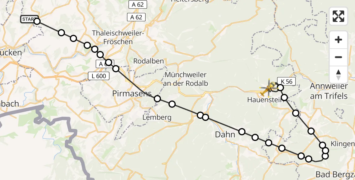 Flugroute Ambulanzhubschrauber Großbundenbach - Wilgartswiesen, 21 Juli 2026, 16:00