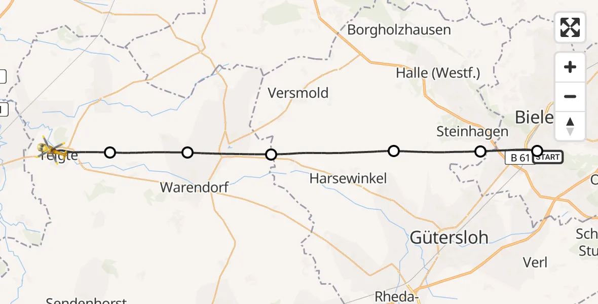 Flugroute Rettungshubschrauber Luftrettungszentrum Bielefeld - Telgte, 21 Juli 2026, 16:01