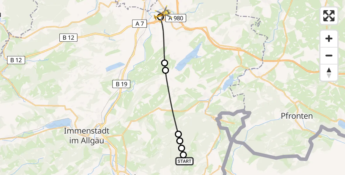 Flugroute Rettungshubschrauber Bad Hindelang - Kempten-Durach Flugplatz, 21 Juli 2026, 16:03