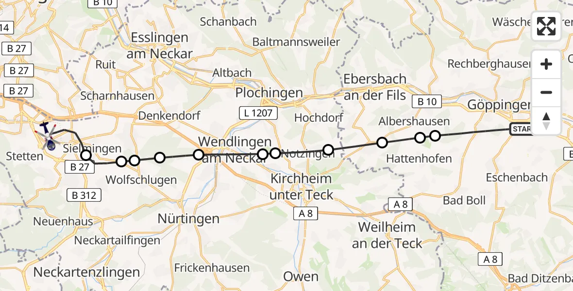 Flugroute Polizeihubschrauber Göppingen - Flughafen Stuttgart, 21 Juli 2026, 16:05