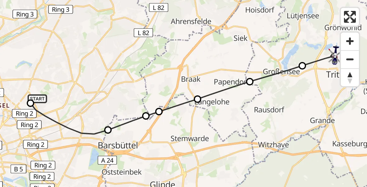 Flugroute Polizeihubschrauber Hamburg Military Hospital - Trittau, 21 Juli 2026, 16:14