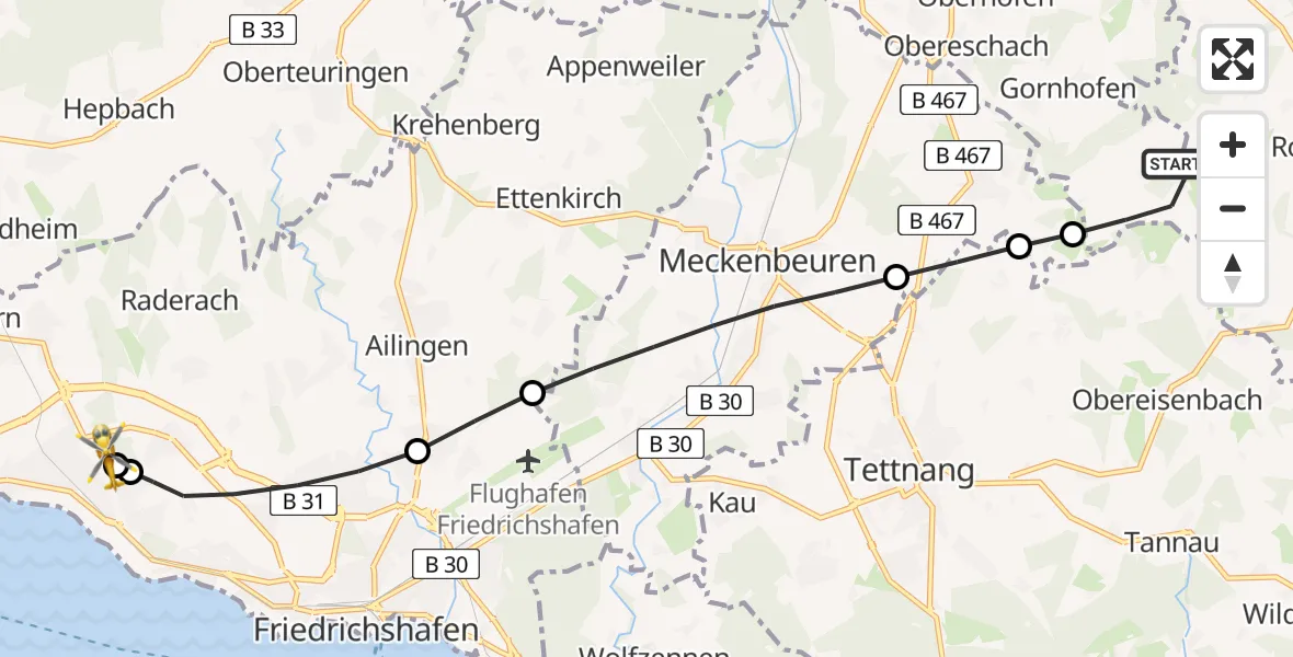 Flugroute Rettungshubschrauber Ravensburg - Friedrichshafen Hospital, 21 Juli 2026, 16:18