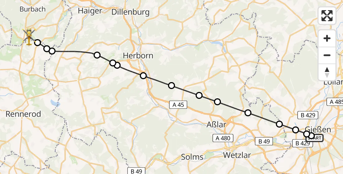 Flugroute Ambulanzhubschrauber Gießen University Hospital - Siegerland Flughafen, 21 Juli 2026, 16:22