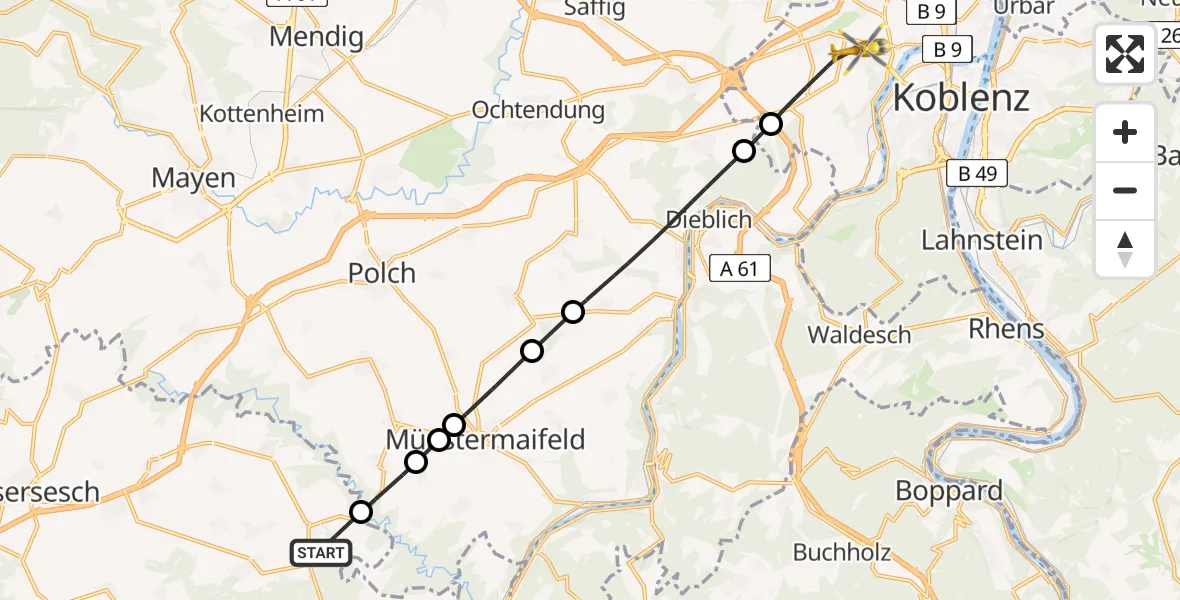 Flugroute Rettungshubschrauber Brohl - Koblenz, 21 Juli 2026, 16:23