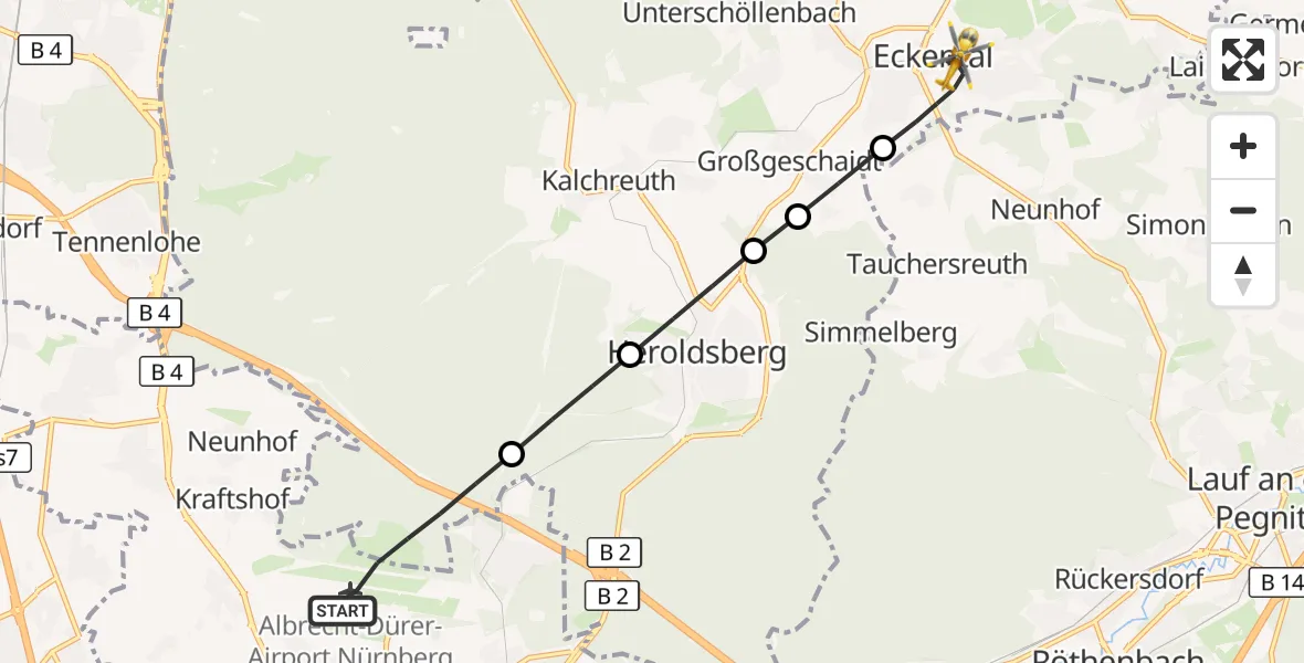 Flugroute Ambulanzhubschrauber Flughafen Nuremberg - Eckental, 21 Juli 2026, 16:24