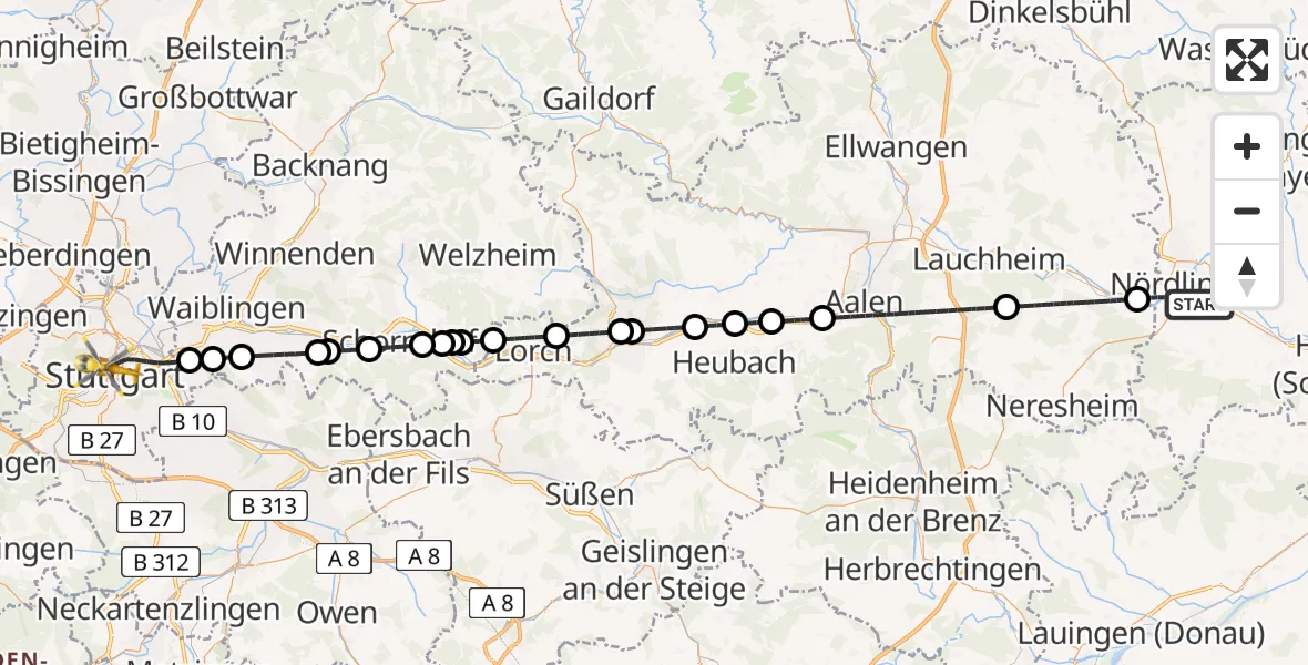 Flugroute Rettungshubschrauber Nördlingen - Stuttgart, 21 Juli 2026, 16:25