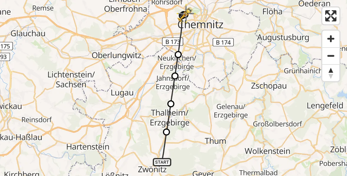 Flugroute Rettungshubschrauber Zwönitz - Flemmingstraße Hospital Rooftop, 21 Juli 2026, 16:34
