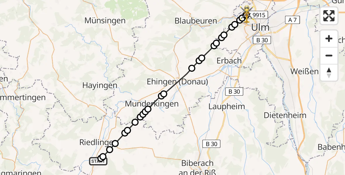 Flugroute Rettungshubschrauber Riedlingen - Ulm Military Hospital Emergency, 21 Juli 2026, 16:39