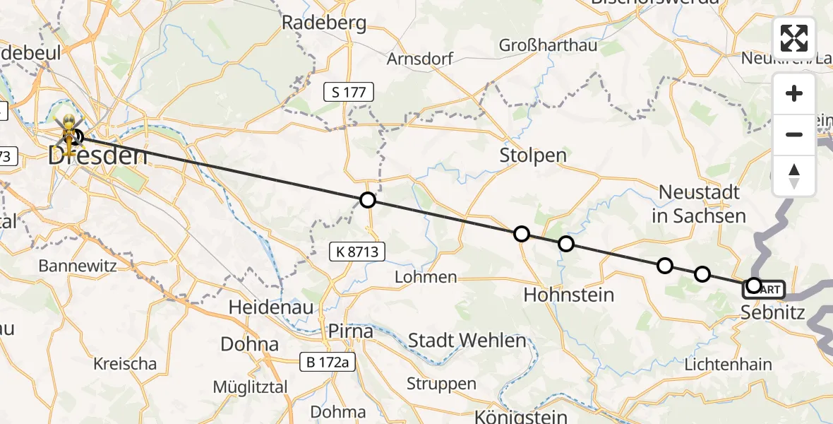 Flugroute Rettungshubschrauber Saxon Switzerland Clinic Sebnitz Hubschrauberlandeplatz - Dresden Friedrichstadt Hospital, 21 Juli 2026, 16:39