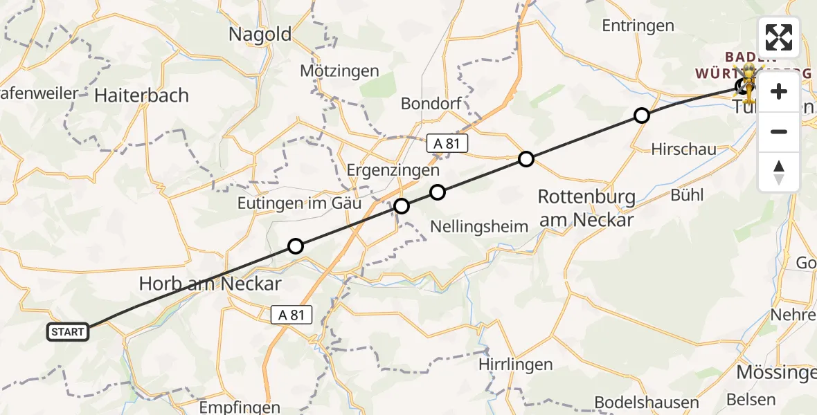 Flugroute Rettungshubschrauber Horb am Neckar - Tübingen University Hospital, 21 Juli 2026, 16:46