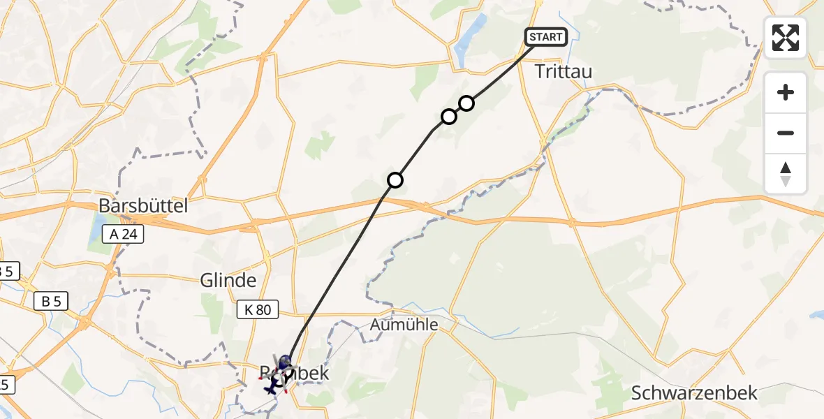 Flugroute Polizeihubschrauber Trittau - Reinbek St. Adolf-Stift Hospital, 21 Juli 2026, 16:46