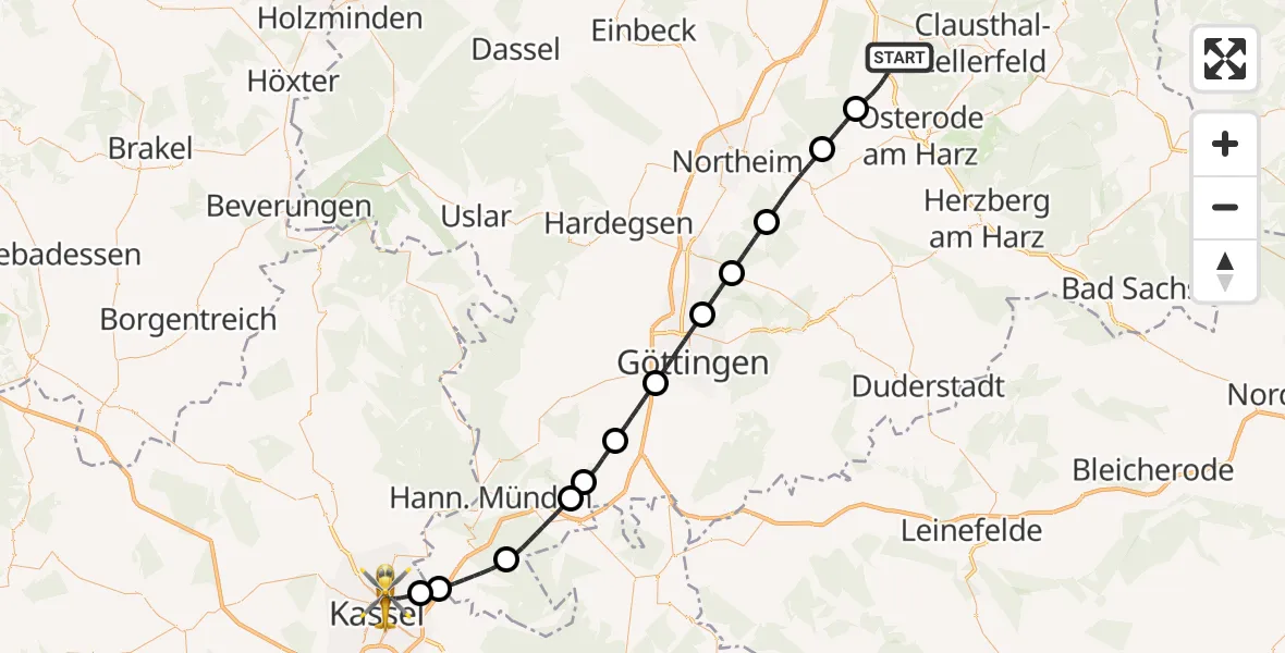 Flugroute Rettungshubschrauber Bad Grund (Harz) - Kassel, 21 Juli 2026, 16:49