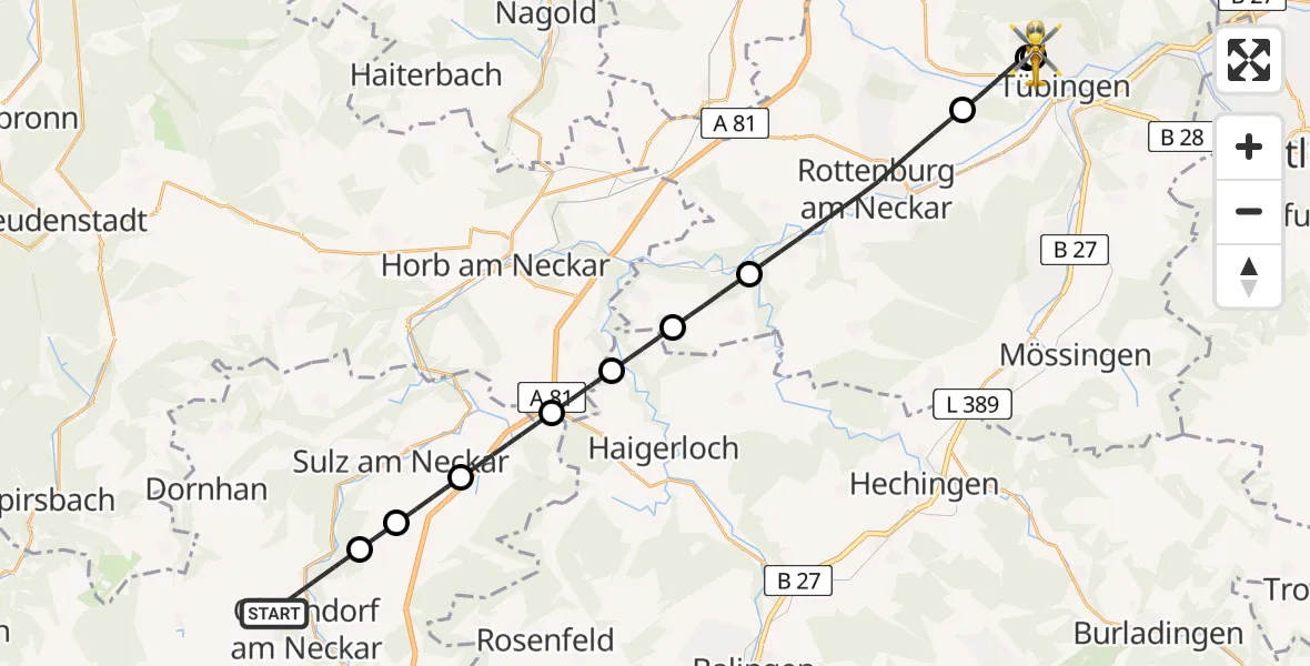 Flugroute Ambulanzhubschrauber Oberndorf am Neckar - Tübingen Trauma Hospital, 21 Juli 2026, 16:57