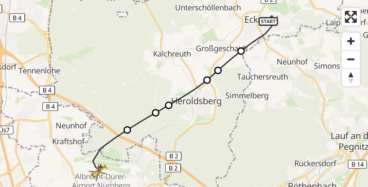 Flugroute Ambulanzhubschrauber Eckental - Flughafen Nuremberg, 21 Juli 2026, 16:57