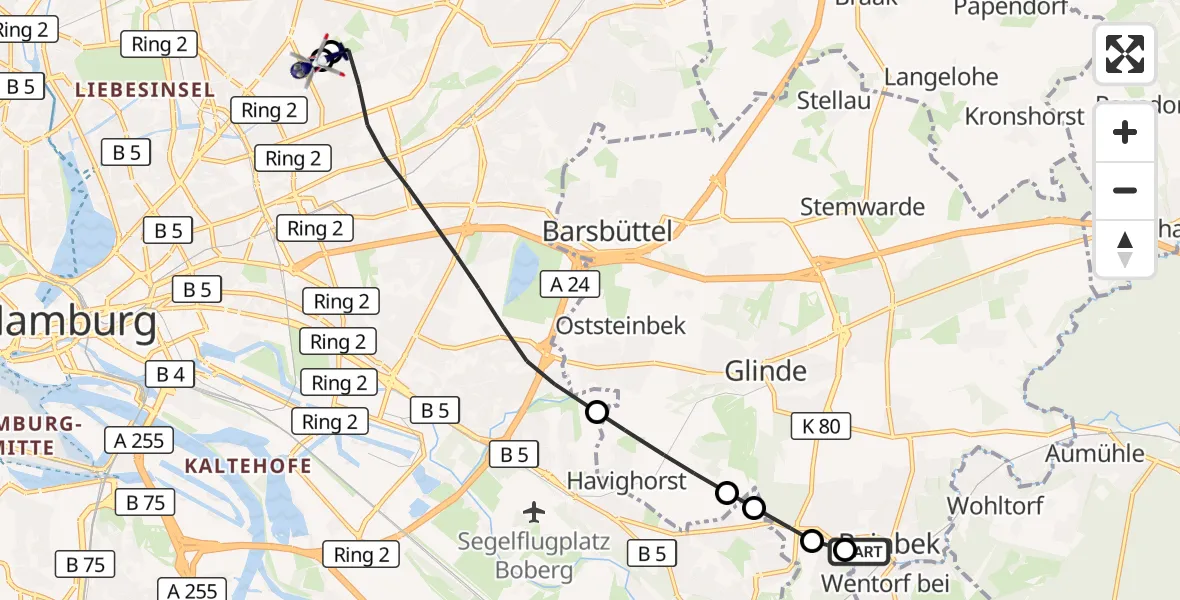 Flugroute Polizeihubschrauber Reinbek St. Adolf-Stift Hospital - Hamburg Military Hospital, 21 Juli 2026, 17:17