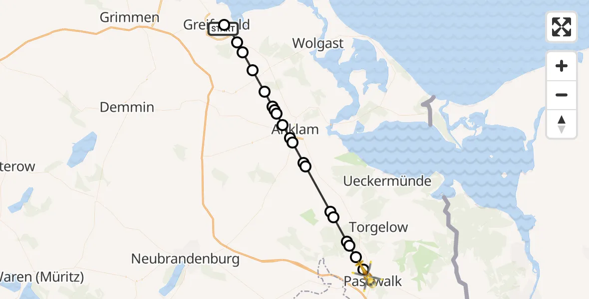 Flugroute Rettungshubschrauber Greifswald Hospital - Pasewalk, 21 Juli 2026, 17:19