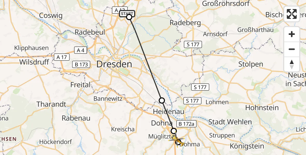 Flugroute Rettungshubschrauber Dresden Bundespolizei Hubschrauberlandeplatz - Bahretal, 21 Juli 2026, 17:25