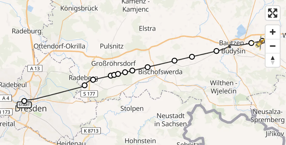 Flugroute Rettungshubschrauber Dresden Friedrichstadt Hospital - Bautzen Flugplatz, 21 Juli 2026, 17:25