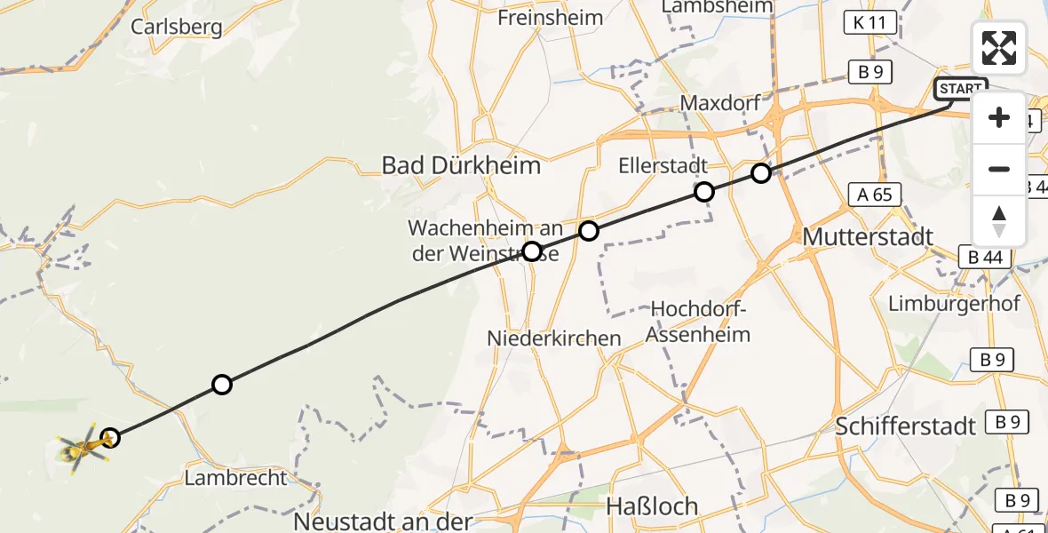 Flugroute Rettungshubschrauber Ludwigshafen am Rhein - Esthal, 21 Juli 2026, 17:25