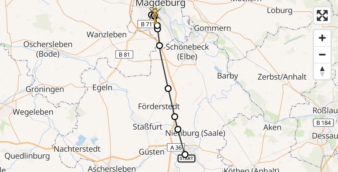 Flugroute Rettungshubschrauber AMEOS Hospital Bernburg - Magdeburg University Hospital, 21 Juli 2026, 17:37