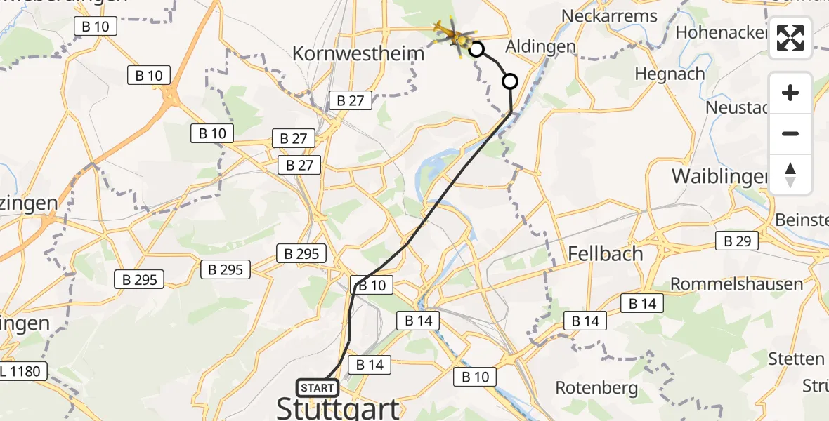 Flugroute Rettungshubschrauber Stuttgart - Pattonville Flugplatz, 21 Juli 2026, 17:37