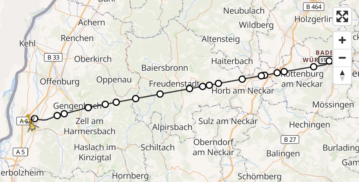 Flugroute Rettungshubschrauber Tübingen University Hospital - Lahr Flughafen, 21 Juli 2026, 17:37