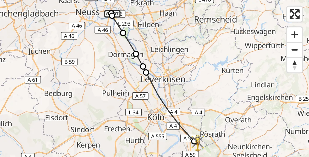 Flugroute Ambulanzhubschrauber Düsseldorf University Hospital - Köln Bonn Flughafen, 21 Juli 2026, 17:39