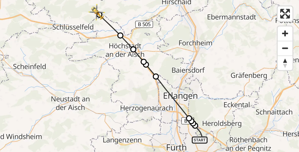 Flugroute Ambulanzhubschrauber Flughafen Nuremberg - Schlüsselfeld, 21 Juli 2026, 17:42