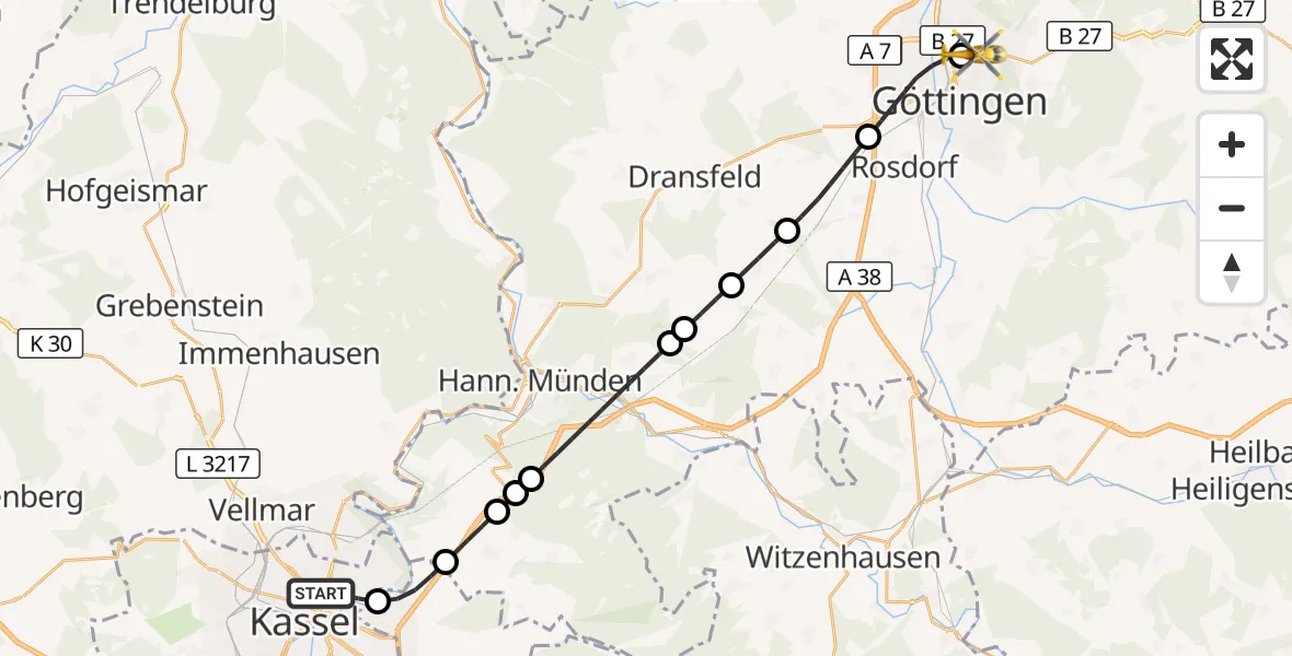 Flugroute Rettungshubschrauber Kassel - Göttingen University Clinic Hubschrauberlandeplatz, 21 Juli 2026, 17:46