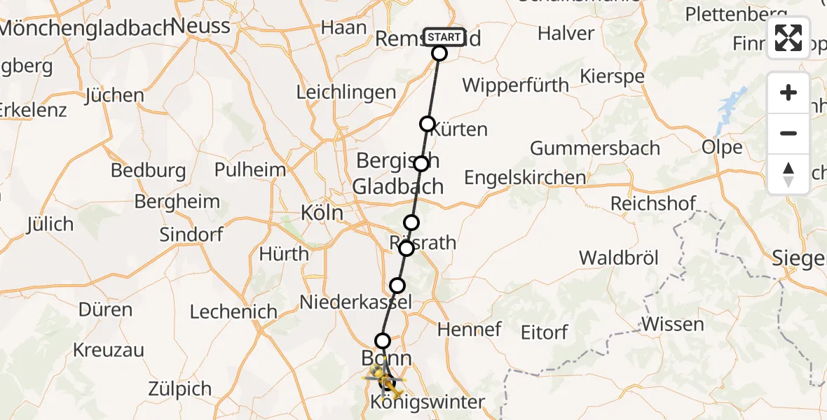 Flugroute Ambulanzhubschrauber Remscheid - Bonn University Hospital, 21 Juli 2026, 17:46