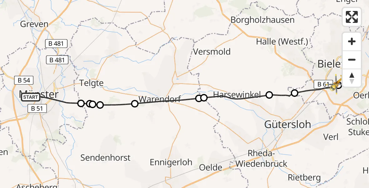 Flugroute Rettungshubschrauber Münster - Luftrettungszentrum Bielefeld, 21 Juli 2026, 17:54
