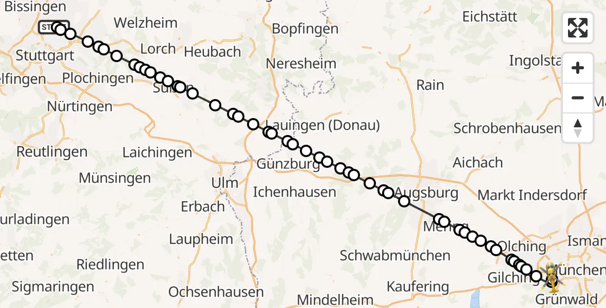Flugroute Rettungshubschrauber Pattonville Flugplatz - DRF Air Rescue München Hubschrauberlandeplatz, 21 Juli 2026, 17:58