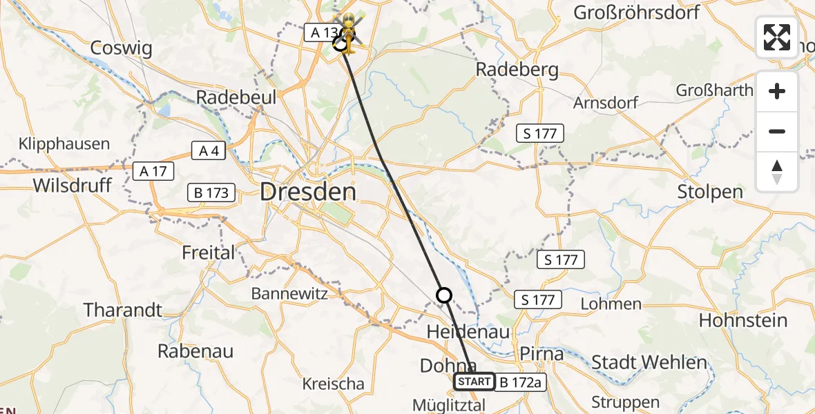 Flugroute Rettungshubschrauber Heidenau - Dresden Bundespolizei Hubschrauberlandeplatz, 21 Juli 2026, 18:00