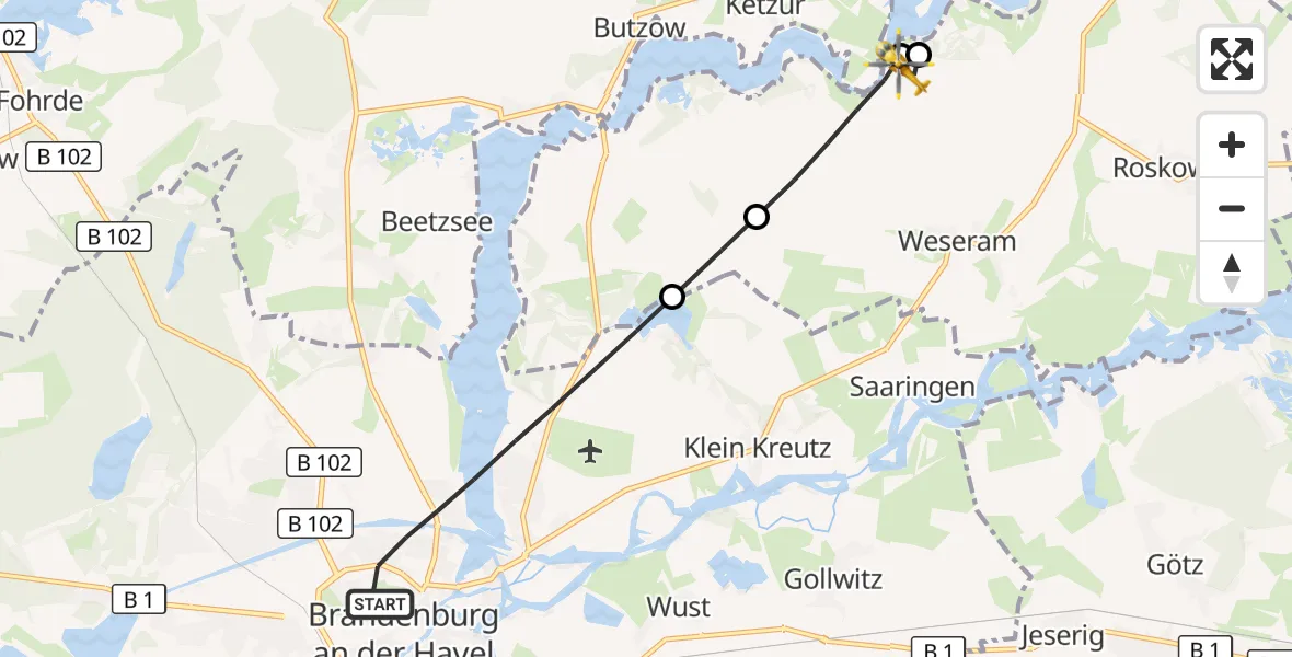 Flugroute Rettungshubschrauber Brandenburg an der Havel - Roskow, 21 Juli 2026, 18:08