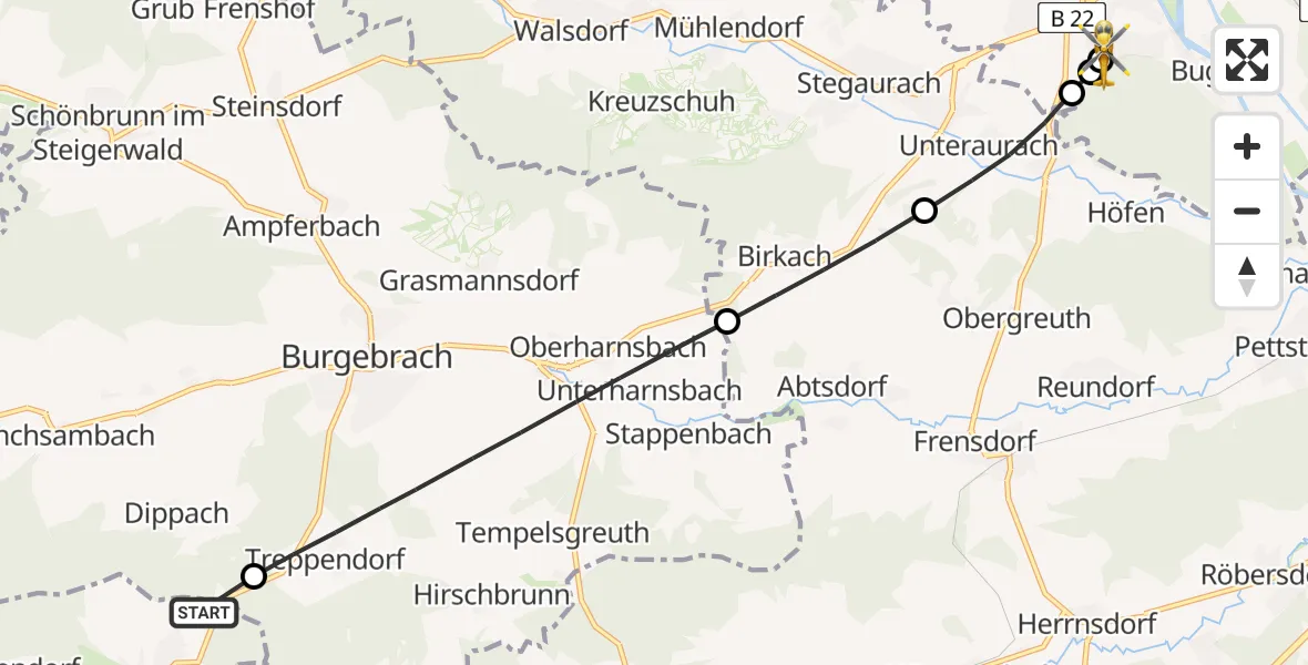 Flugroute Ambulanzhubschrauber Schlüsselfeld - Bamberg Hospital, 21 Juli 2026, 18:14