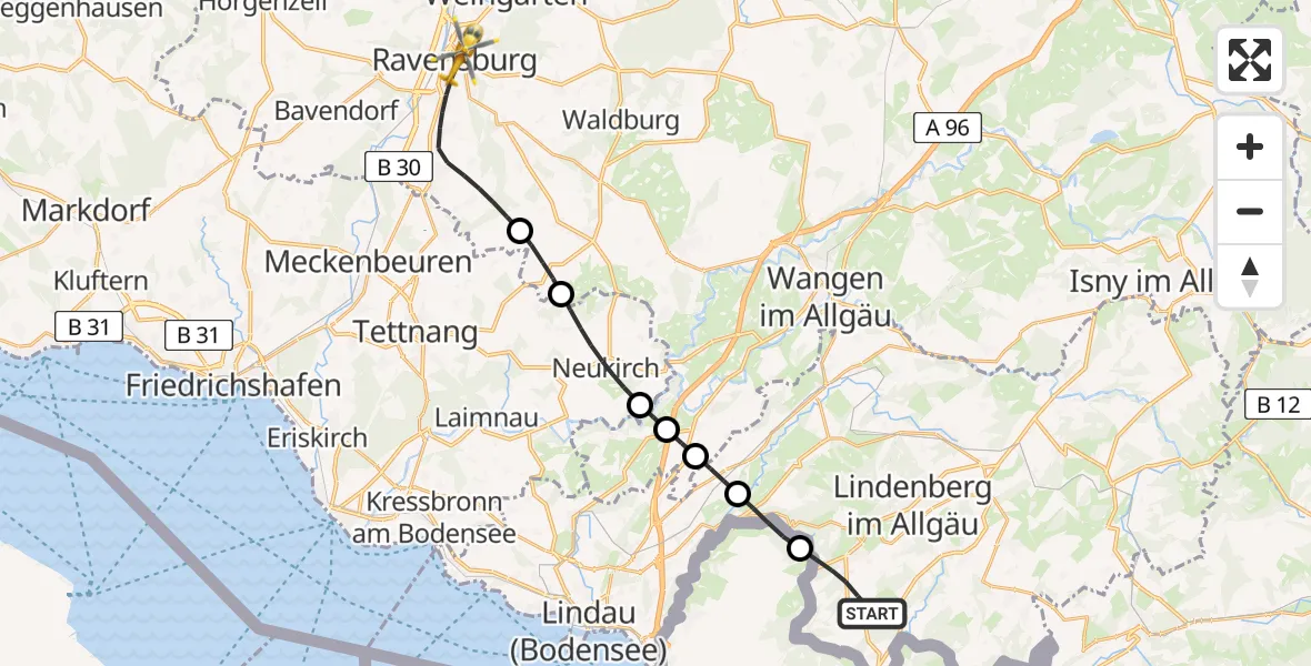 Flugroute Rettungshubschrauber Scheidegg - Ravensburg, 21 Juli 2026, 18:14