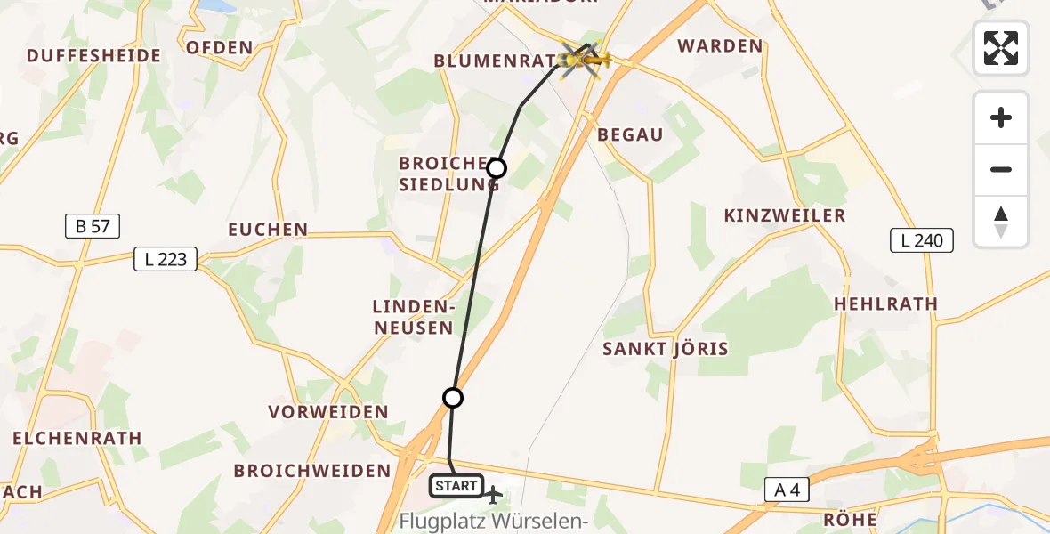 Flugroute Rettungshubschrauber Aachen-Merzbrück Flughafen - Alsdorf, 21 Juli 2026, 18:15
