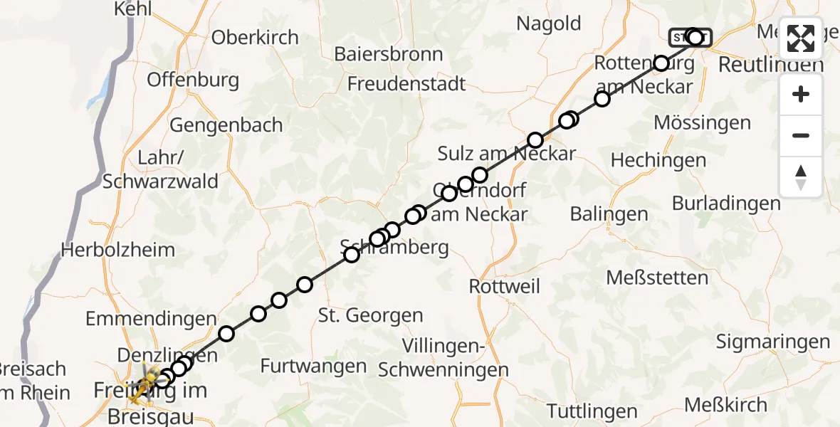 Flugroute Ambulanzhubschrauber Tübingen Trauma Hospital - Freiburg im Breisgau Flugplatz, 21 Juli 2026, 18:18