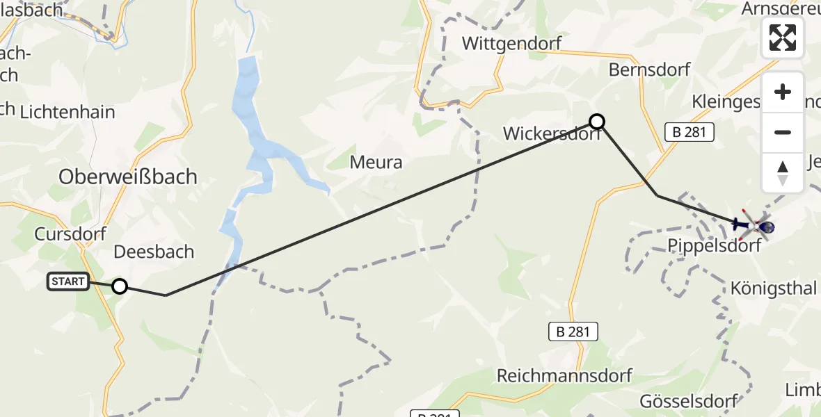 Flugroute Polizeihubschrauber Cursdorf - Saalfeld/Saale, 21 Juli 2026, 18:21