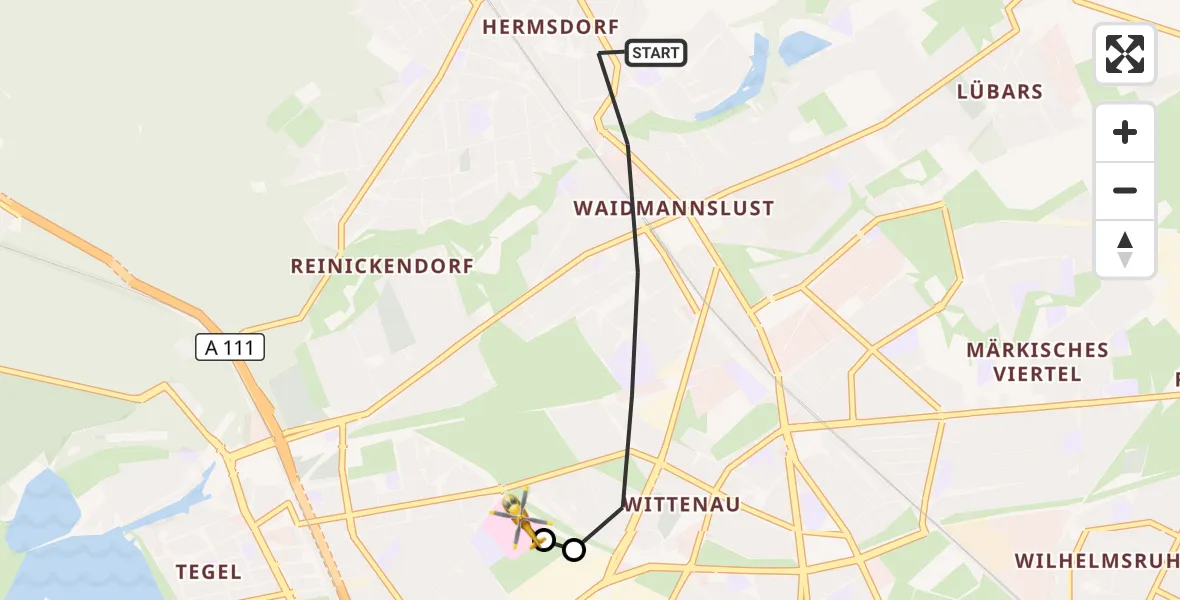 Flugroute Rettungshubschrauber Berlin - Vivantes Humboldt Clinic, 21 Juli 2026, 18:23