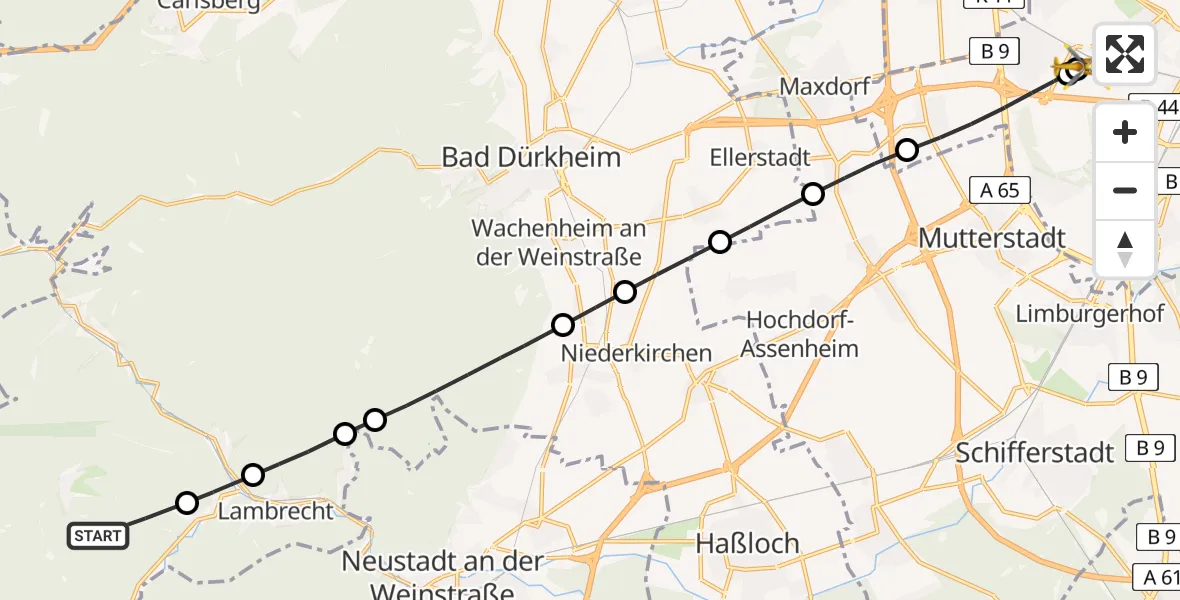 Flugroute Rettungshubschrauber Esthal - Ludwigshafen Accident Hospital, 21 Juli 2026, 18:39