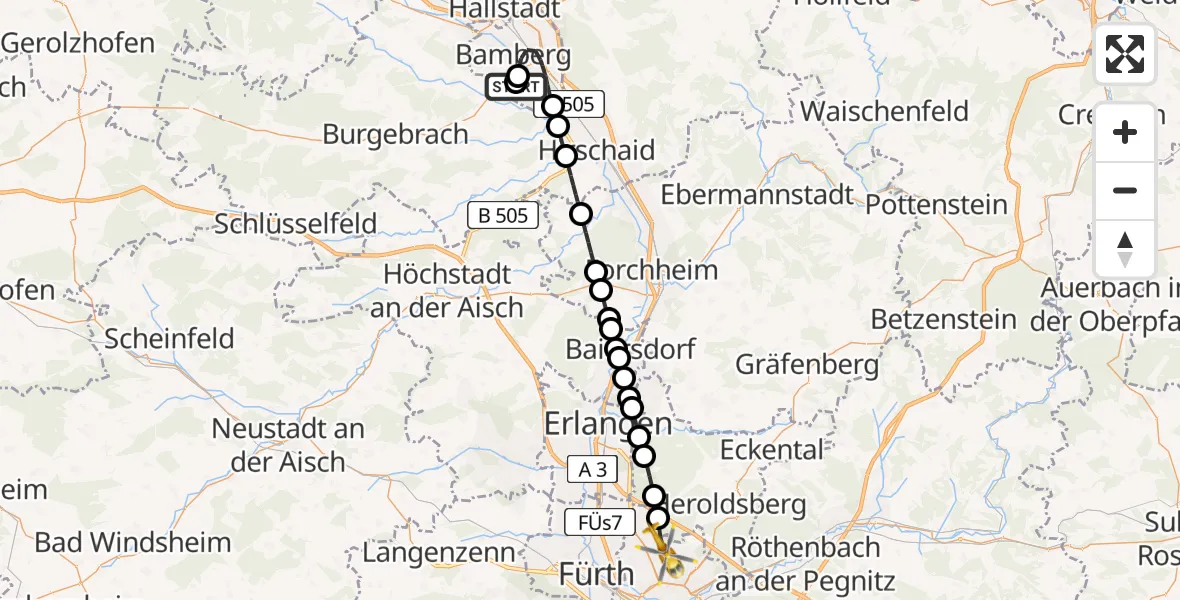 Flugroute Ambulanzhubschrauber Bamberg Hospital - Flughafen Nuremberg, 21 Juli 2026, 18:41
