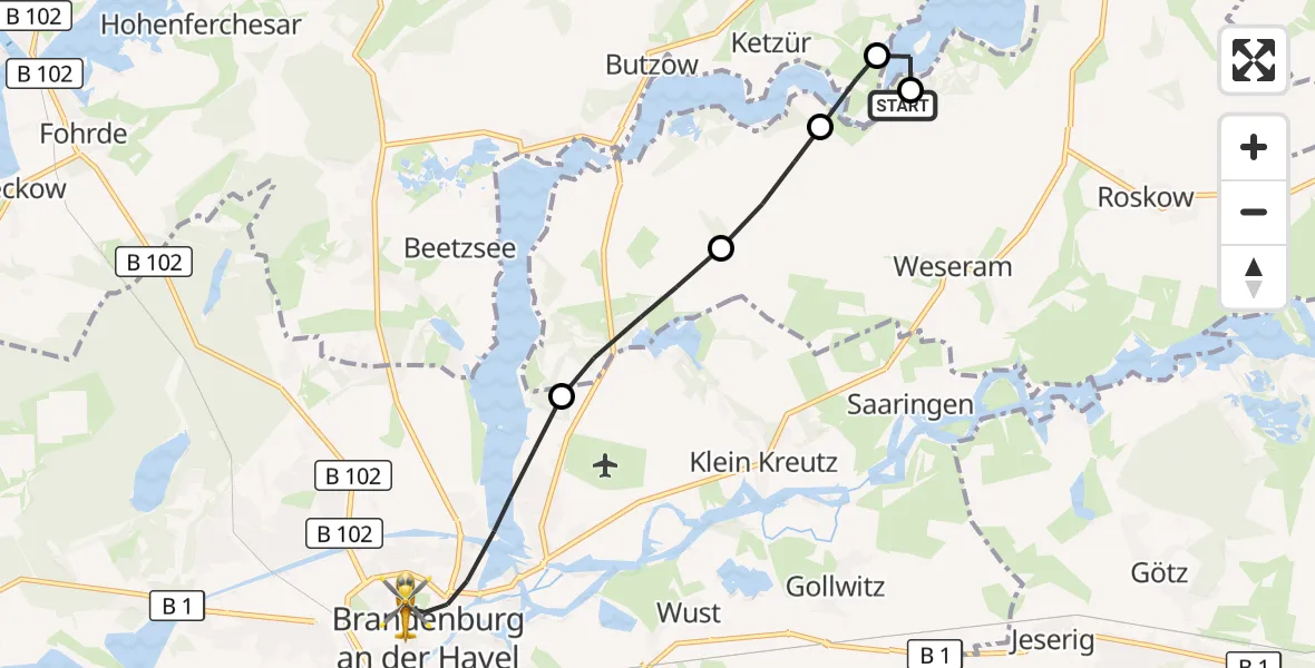 Flugroute Rettungshubschrauber Roskow - Brandenburg an der Havel, 21 Juli 2026, 18:42
