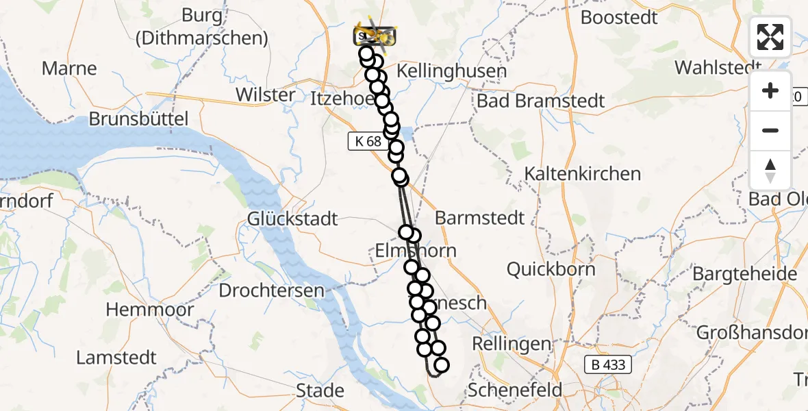 Flugroute Rettungshubschrauber Itzehoe Hungriger Wolf Flugplatz - Itzehoe Hungriger Wolf Flugplatz, 21 Juli 2026, 18:43